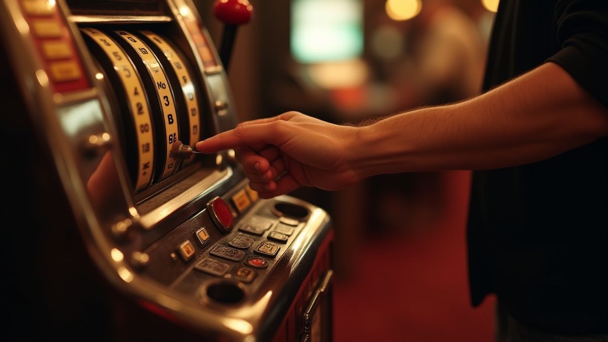 Hand pulling the lever of a classic slot machine.