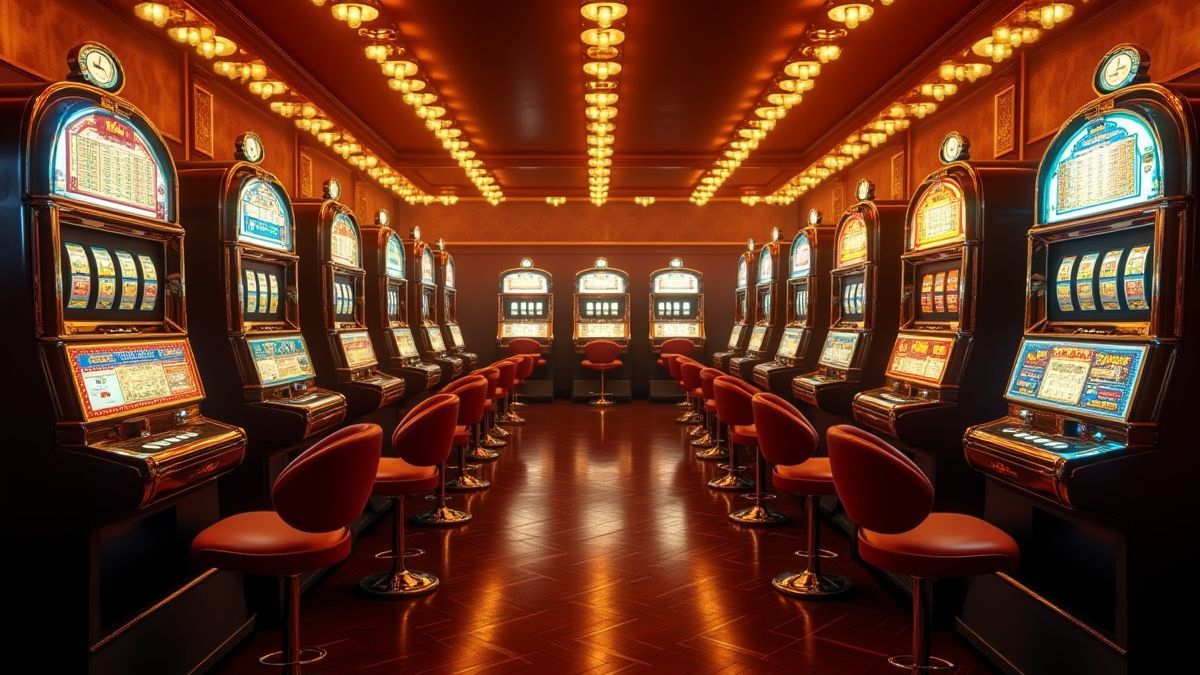 Casino retro con máquinas tragamonedas clásicas y luces doradas.