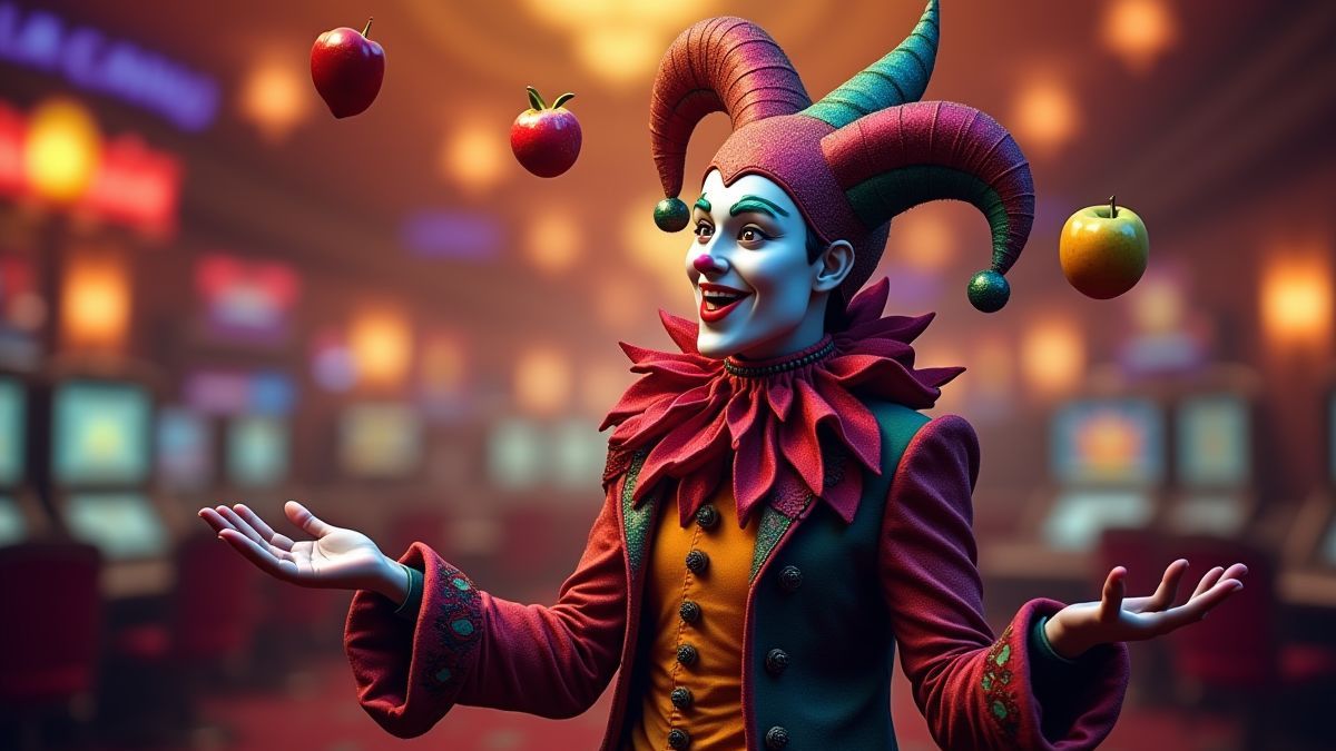 Un bufón animado haciendo malabares con frutas en un casino.