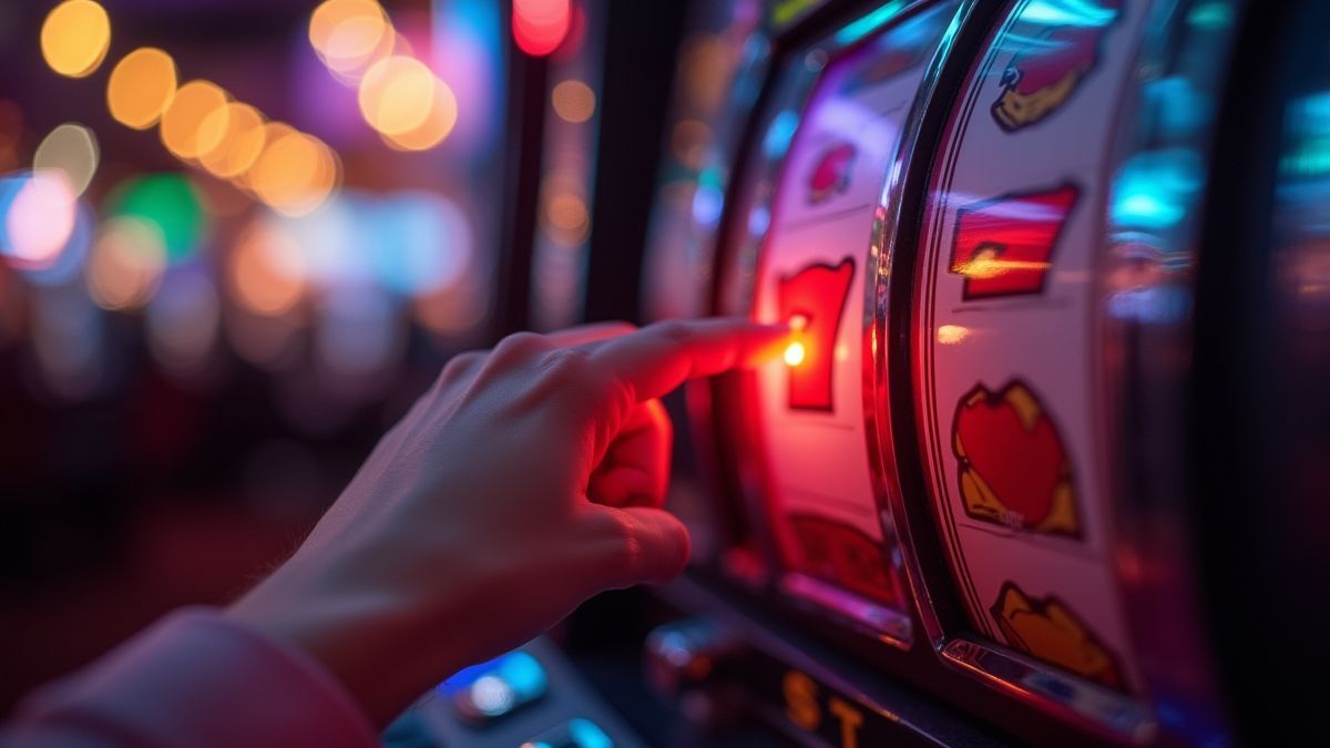 Una mano pulsando el botón de una máquina tragamonedas en un casino.