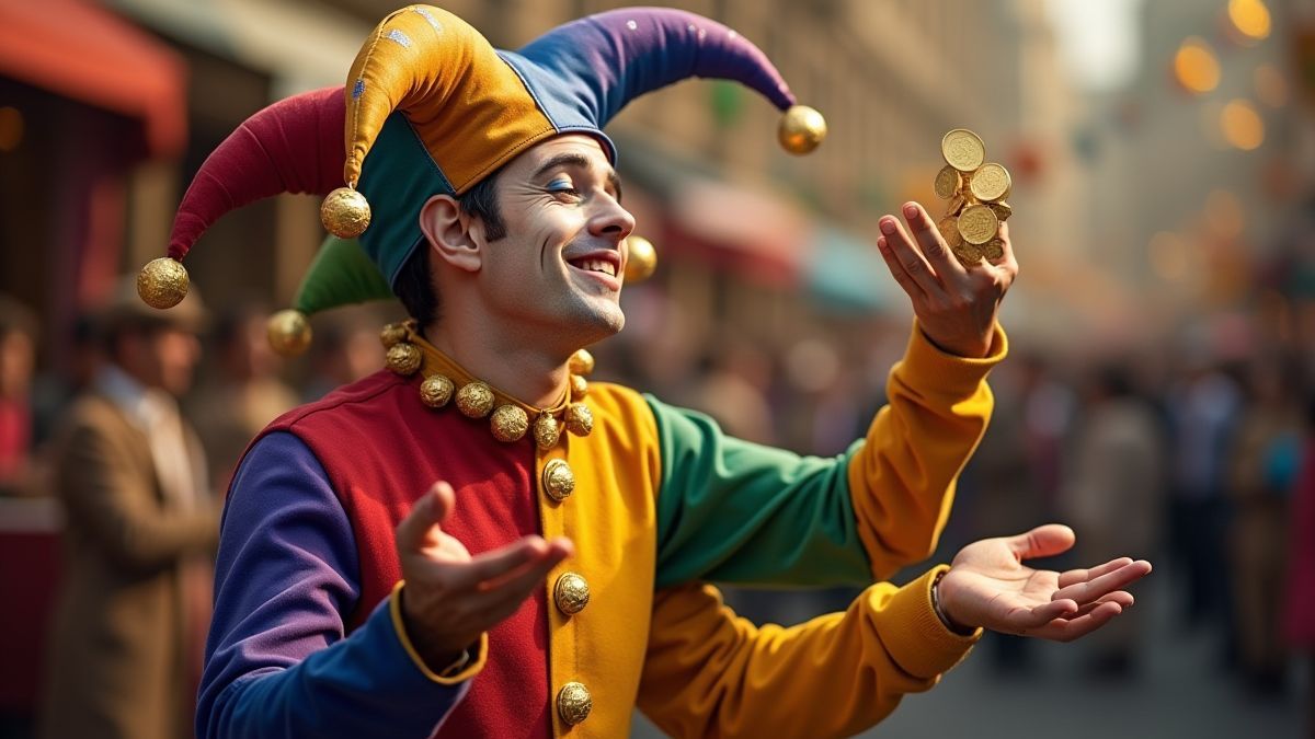 Kleurrijke nar die met gouden munten speelt in een carnaval.