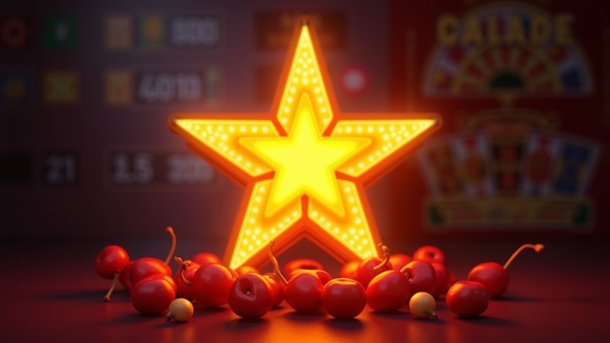Estrella brillante rodeada de cerezas y barras en un casino retro.