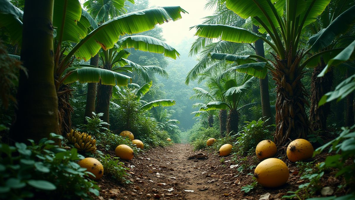 Imagen de una jungla tropical con frutas como bananas y cocos.