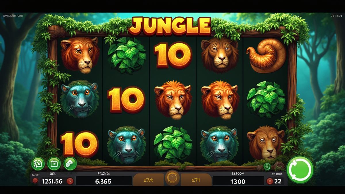 Interfaz de una máquina tragamonedas con temática de jungla.