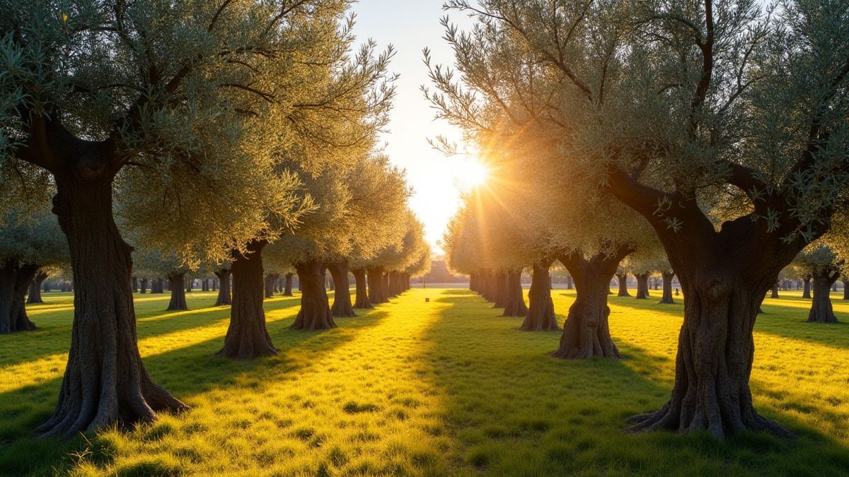 Mediterranean olive grove illuminated by sunlight.