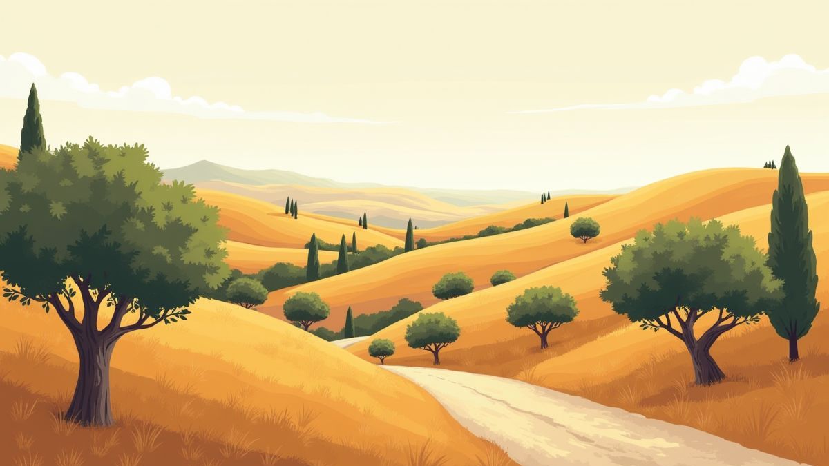 Mediterranean landscape with hills and olive trees.