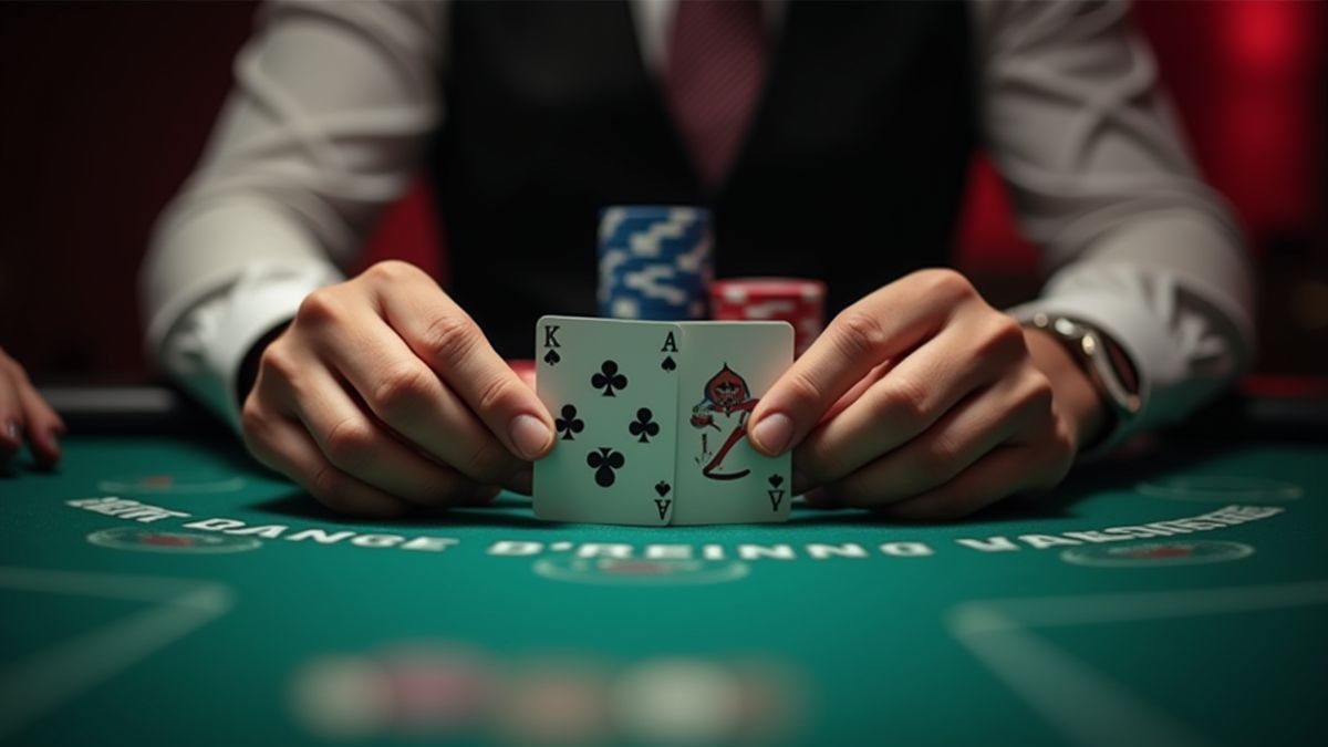 Mesa de poker con cartas y fichas en un ambiente de casino.
