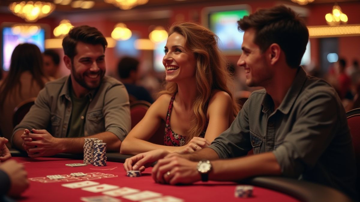 Jugadores de poker disfrutando de una partida en un casino animado.