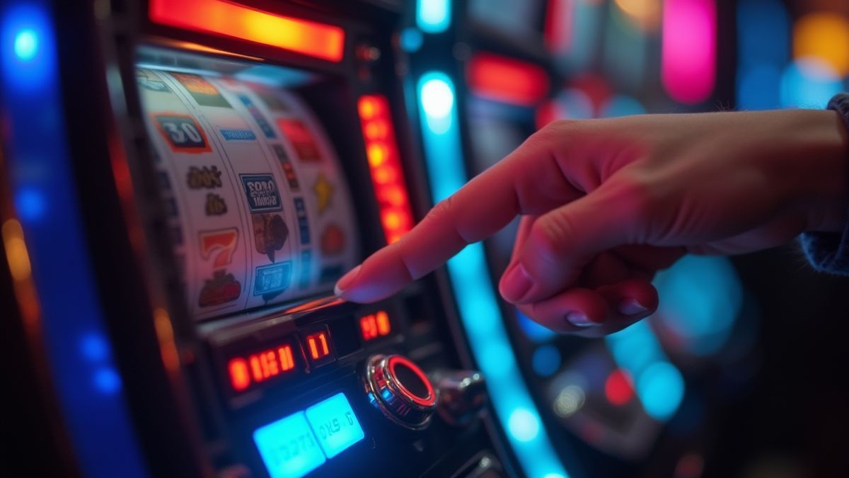 Eine Hand, die den Spin-Knopf an einem Spielautomaten drückt, umgeben von bunten Lichtern.