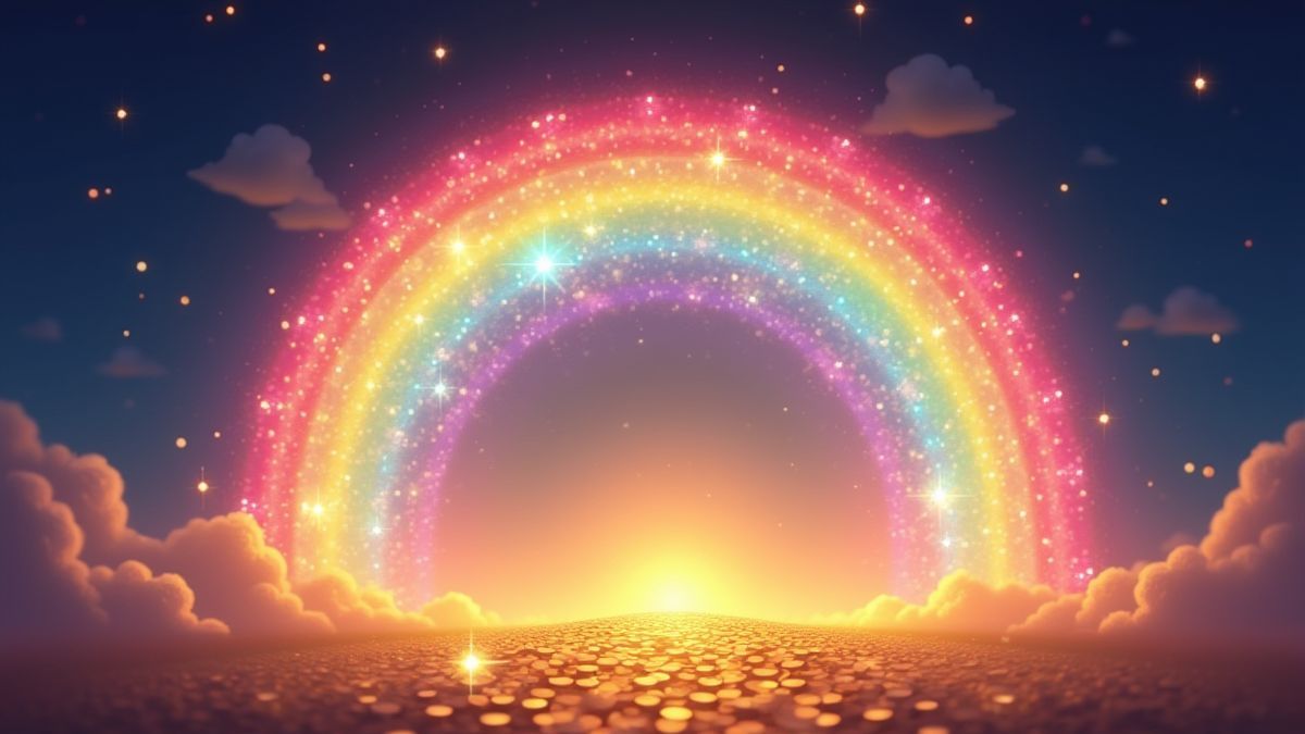 Ein magischer Regenbogen mit Glitzern und Goldmünzen am Ende.