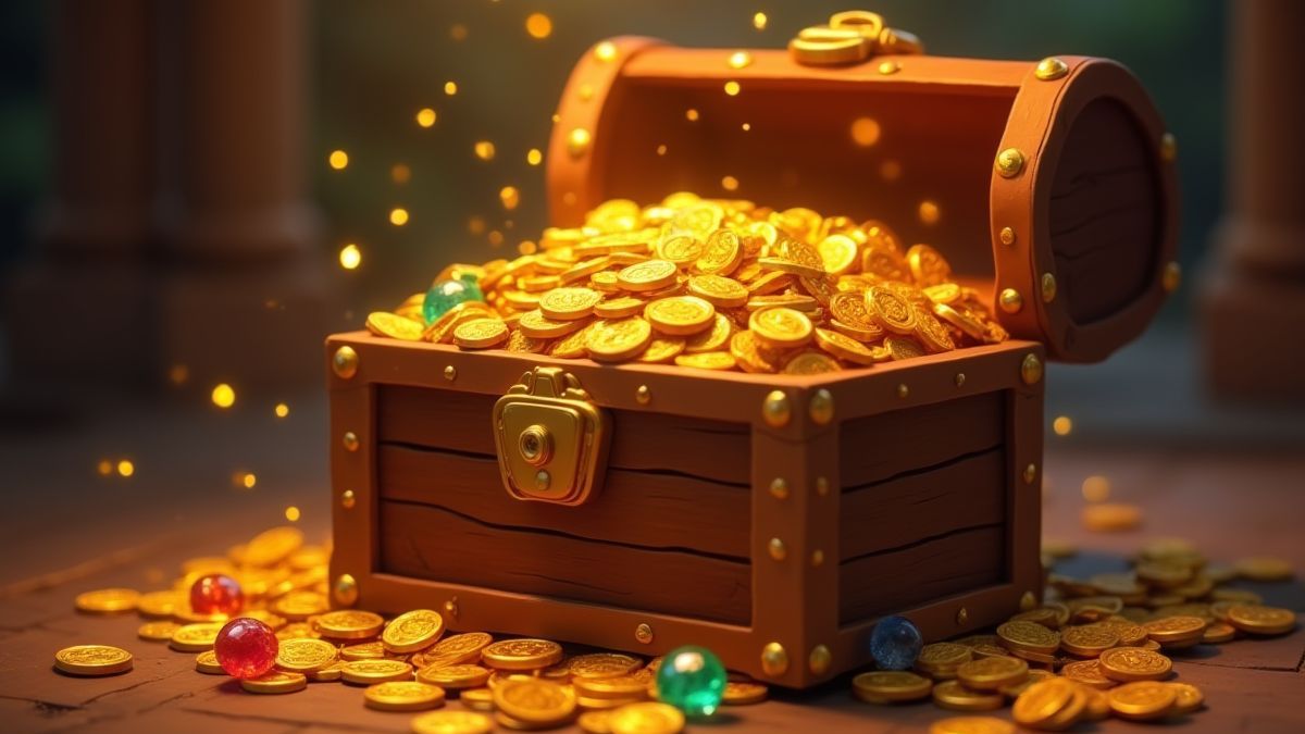 Ein Schatztruhen voller goldener Münzen und Juwelen.
