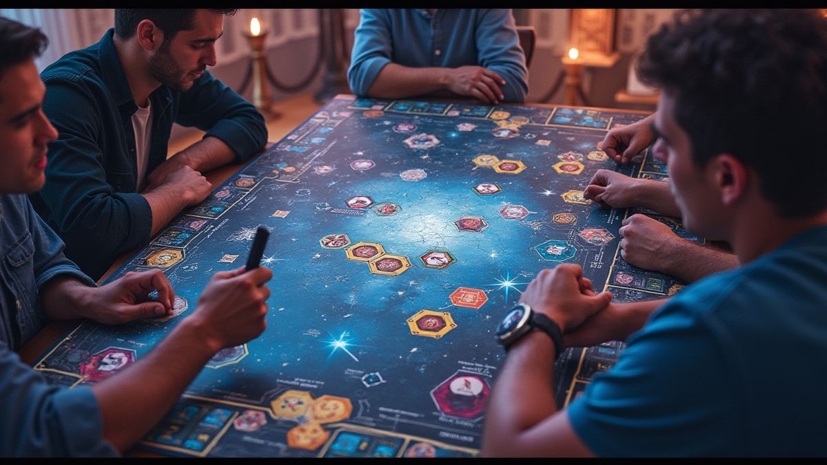 Ein Spieler, der Strategien auf einem galaktischen Spielbrett plant.
