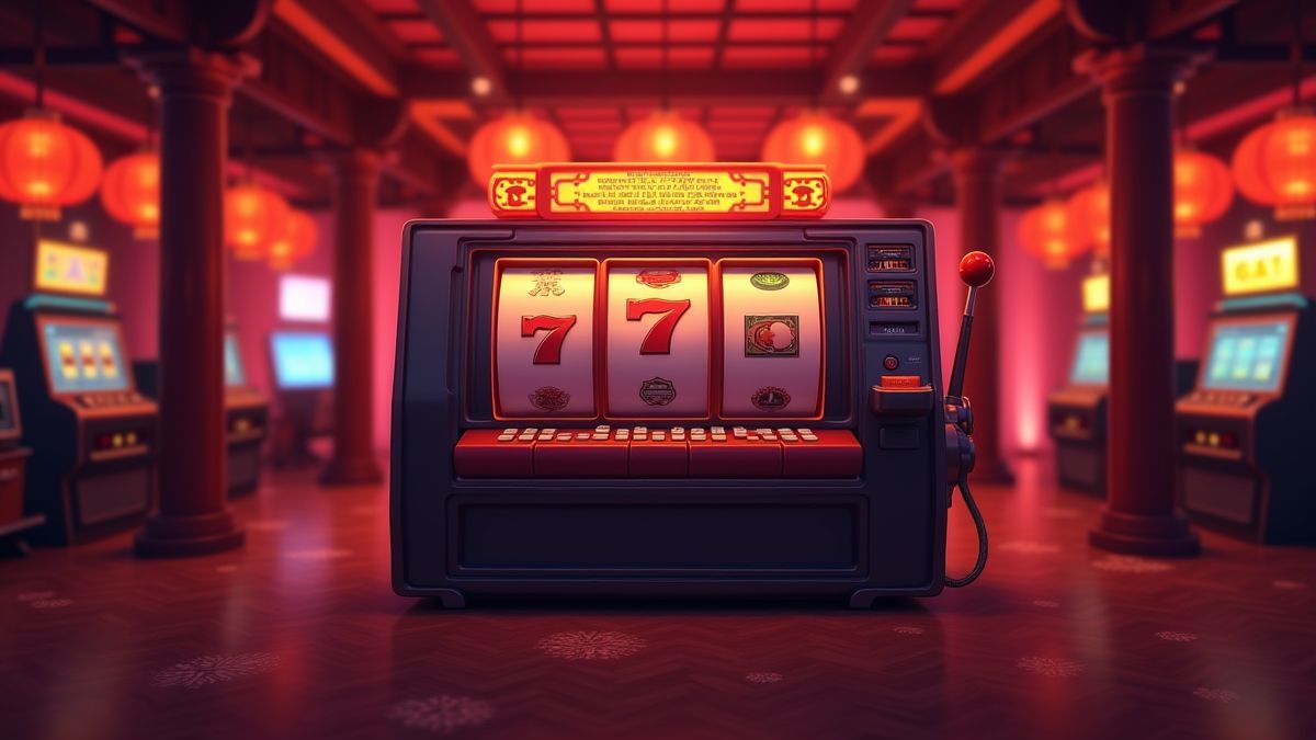 Máquina tragamonedas retro en un casino oriental.