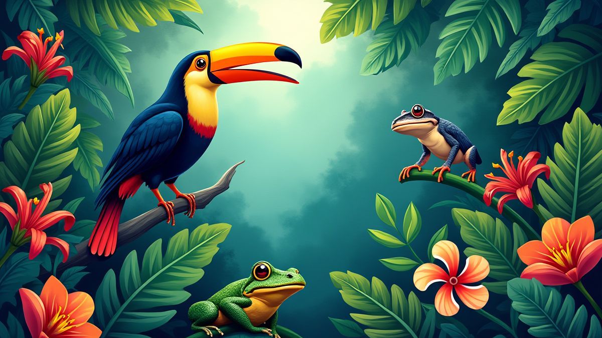 Tropisch bos met exotische dieren en levendige bloemen.
