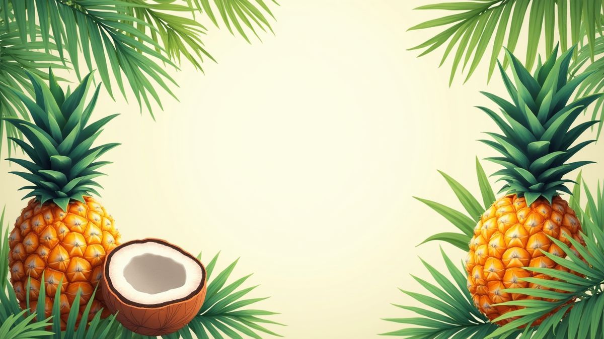 Tropisch fruit zoals kokosnoten en ananassen met palmbladeren.