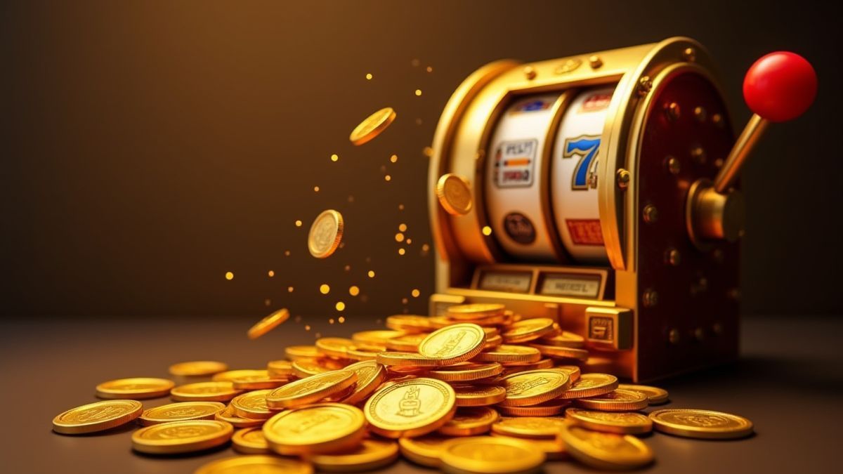 Gouden munten die uit een klassieke gokkast stromen met een winnende sfeer.