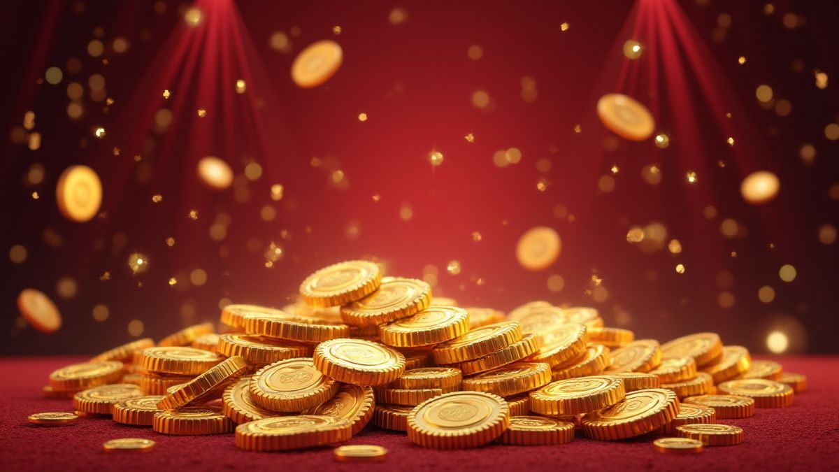 Elegantes Casino-Ambiente mit goldenen Münzen und luxuriöser Dekoration.