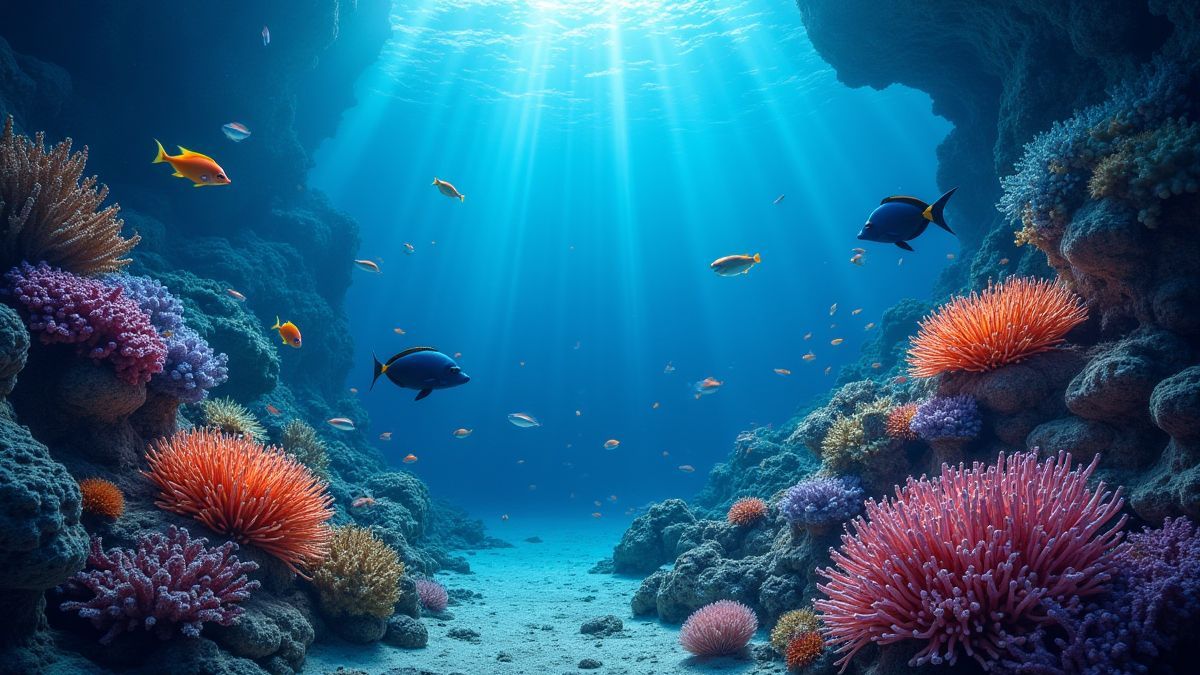 Escena submarina con arrecifes de coral y peces brillantes