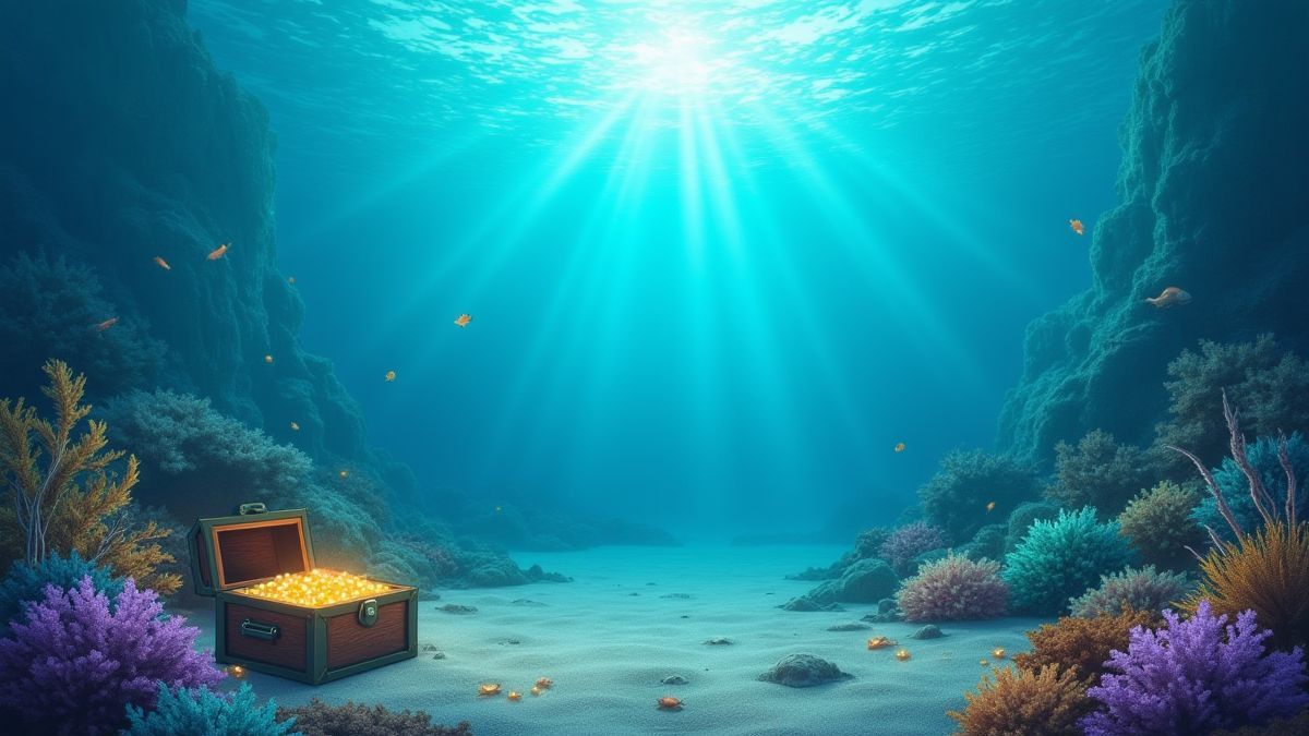 Reino submarino con tesoros brillantes en el fondo marino