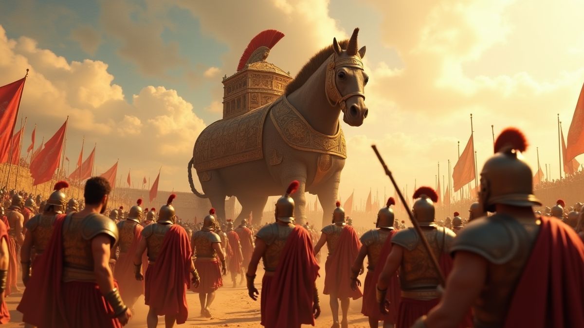 Paard van Troje omringd door Griekse krijgers