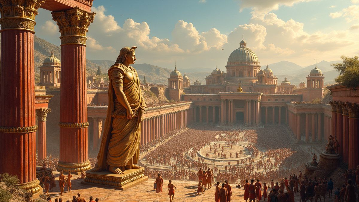 Detaillierte Szene des antiken Troja mit Mauern und goldenen Statuen.