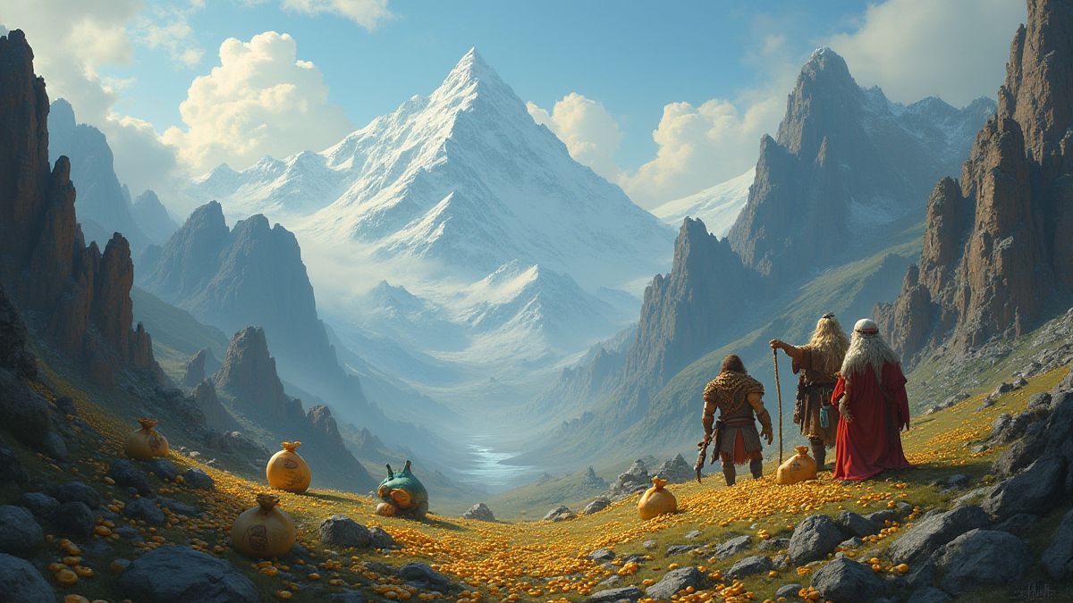 Paisaje montañoso con trolls y bolsas de oro.