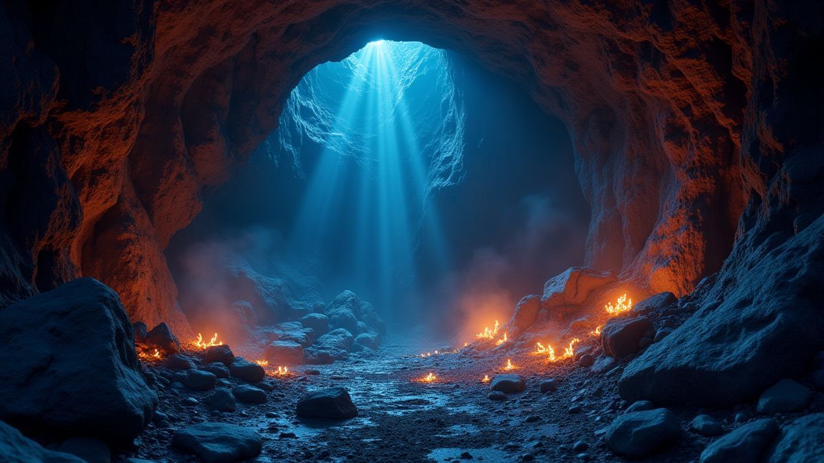 Cueva mágica con tesoros brillantes y luz mística.