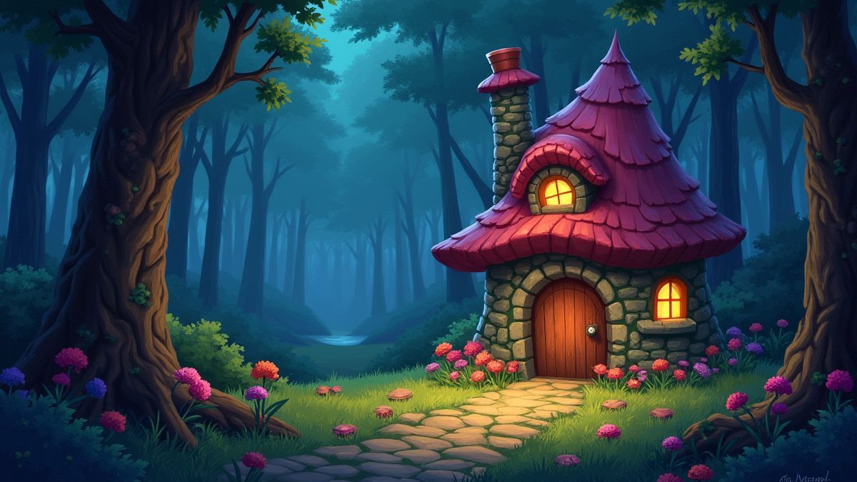 Eine Szene von einem bunten Wald mit einem Trollhaus und leuchtenden magischen Objekten.