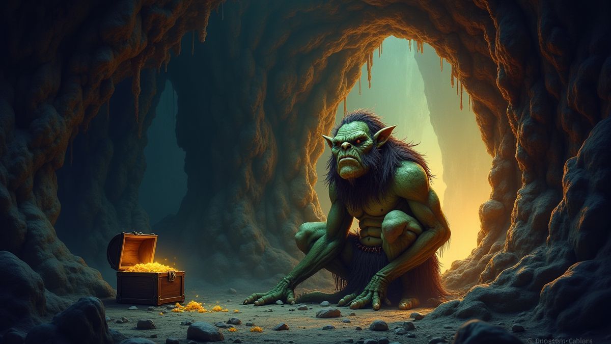 Ein Fantasy-Troll, der neben einer Schatzkiste in einer leuchtenden magischen Höhle sitzt.