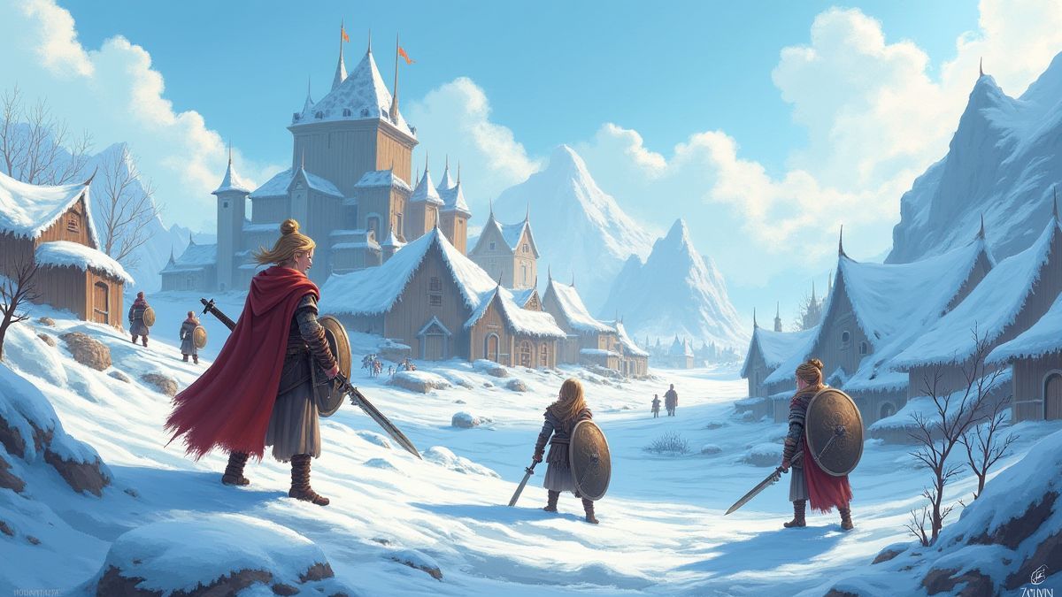 Une aldea vikinga rodeada de paisajes helados y guerreras preparadas para el combate.