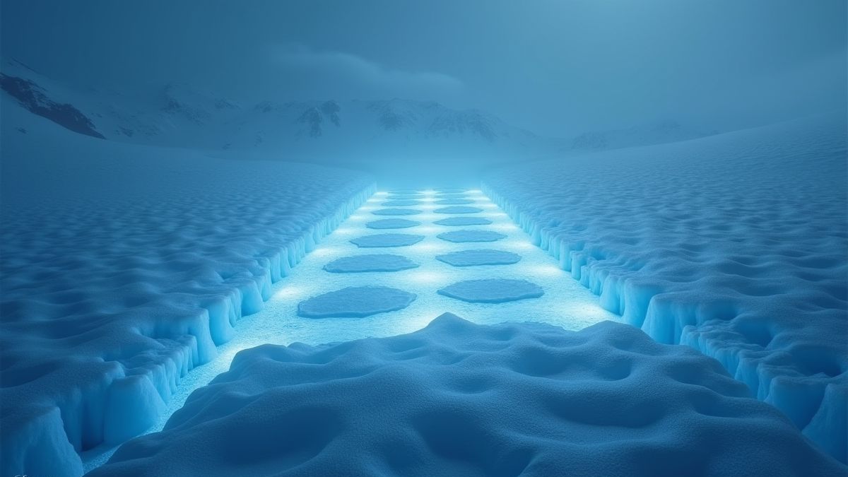 Bevroren landschap met een glanzend 5x5 grid.