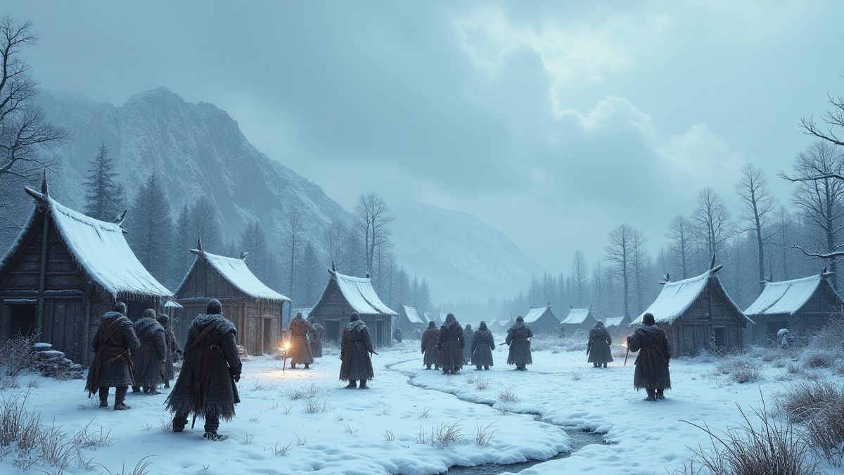 Besneeuwd Vikingdorp met krijgers die zich voorbereiden op de strijd.