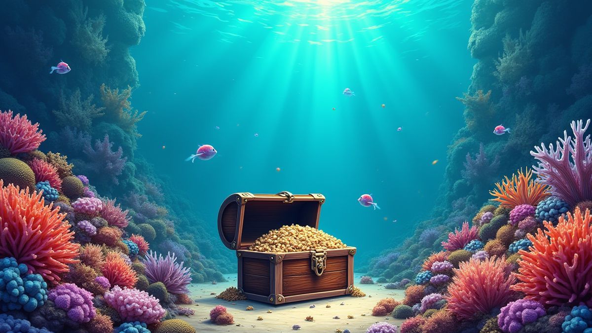 Arrecife de coral con un cofre del tesoro y criaturas marinas.