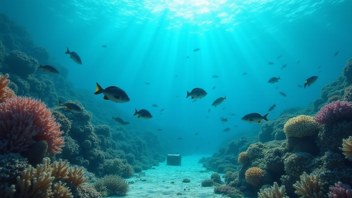 Escena submarina con peces y corales cerca de un cofre del tesoro.