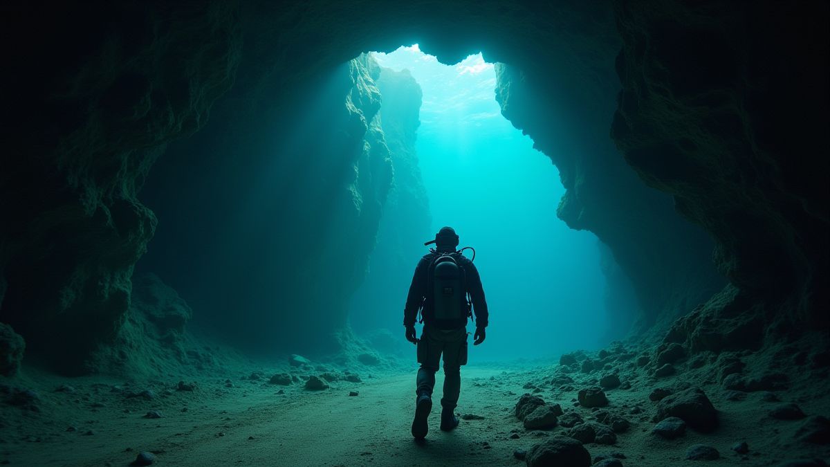 Buceador explorando cuevas submarinas en busca de tesoros.