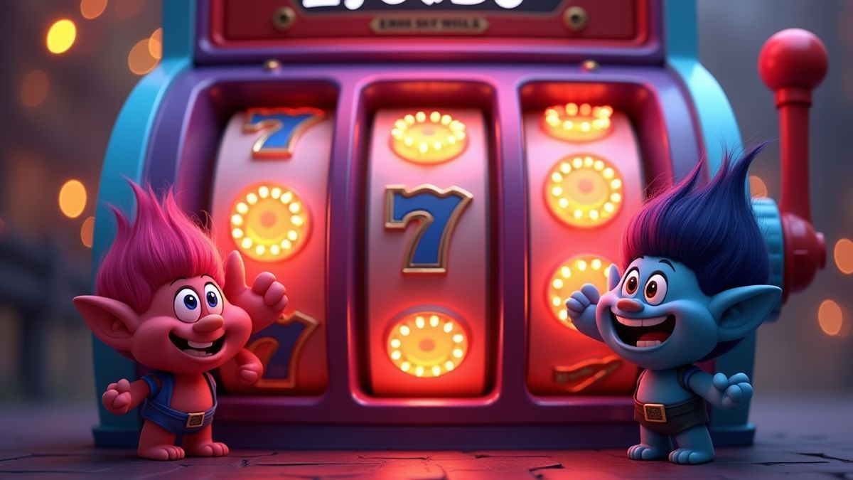 Ein Spielautomaten mit leuchtenden Walzen und feiernden Troll-Charakteren.
