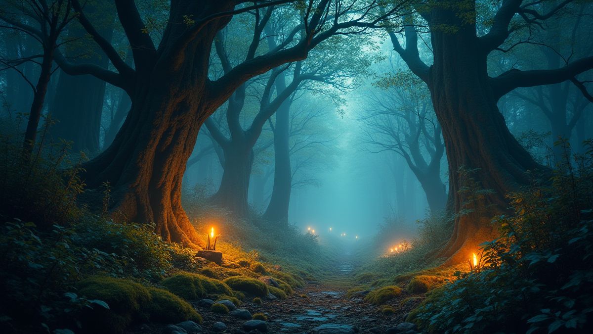 Un bosque místico con luces brillantes y elementos mágicos