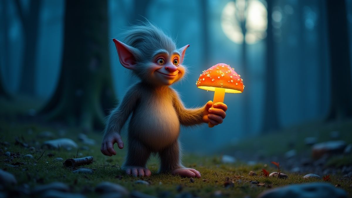Troll soutenant un champignon lumineux dans une forêt sous la lumière de la lune