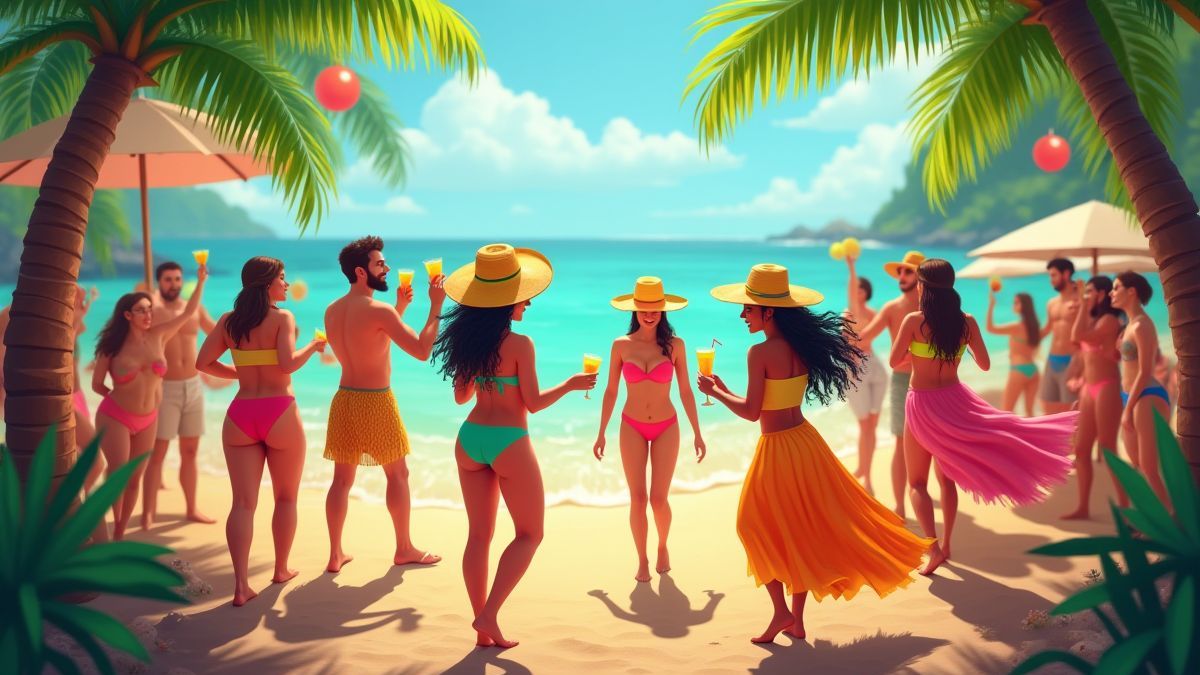 Festa na praia com palmeiras e coquetéis coloridos