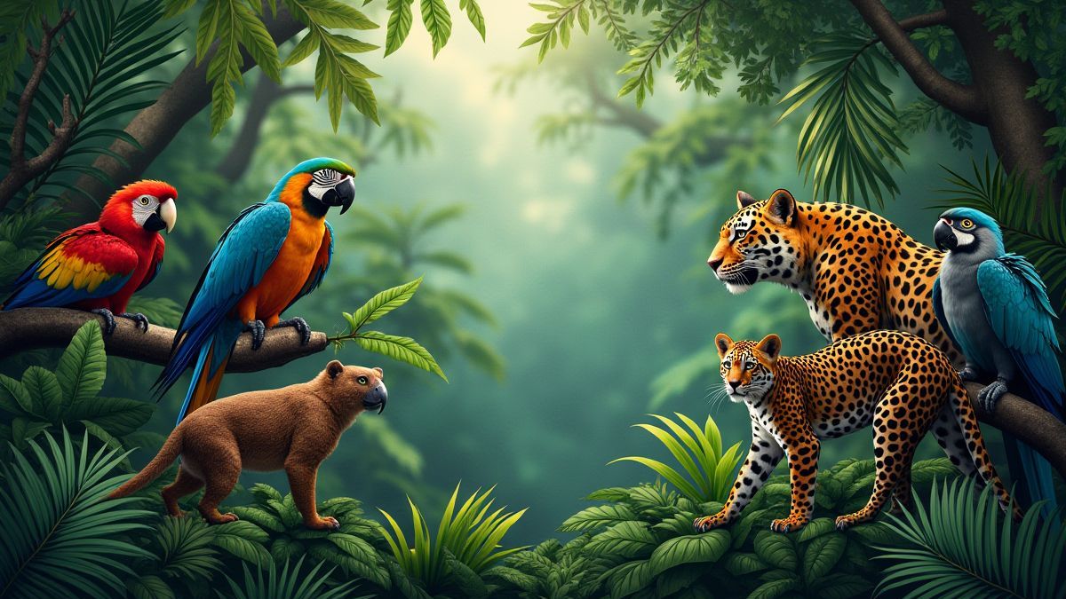 A jungle with exotic animals like parrots, monkeys, and jaguars.