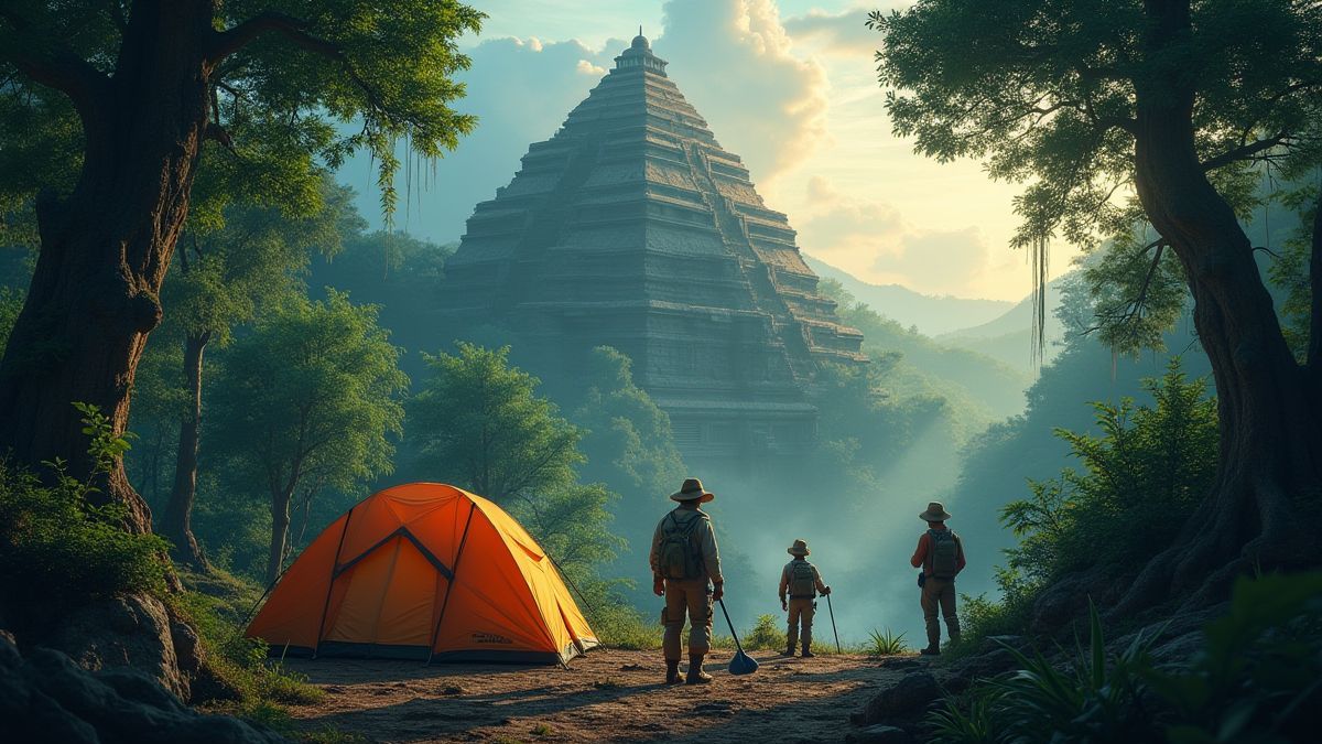 Explorers setting up camp near an ancient temple in the jungle.