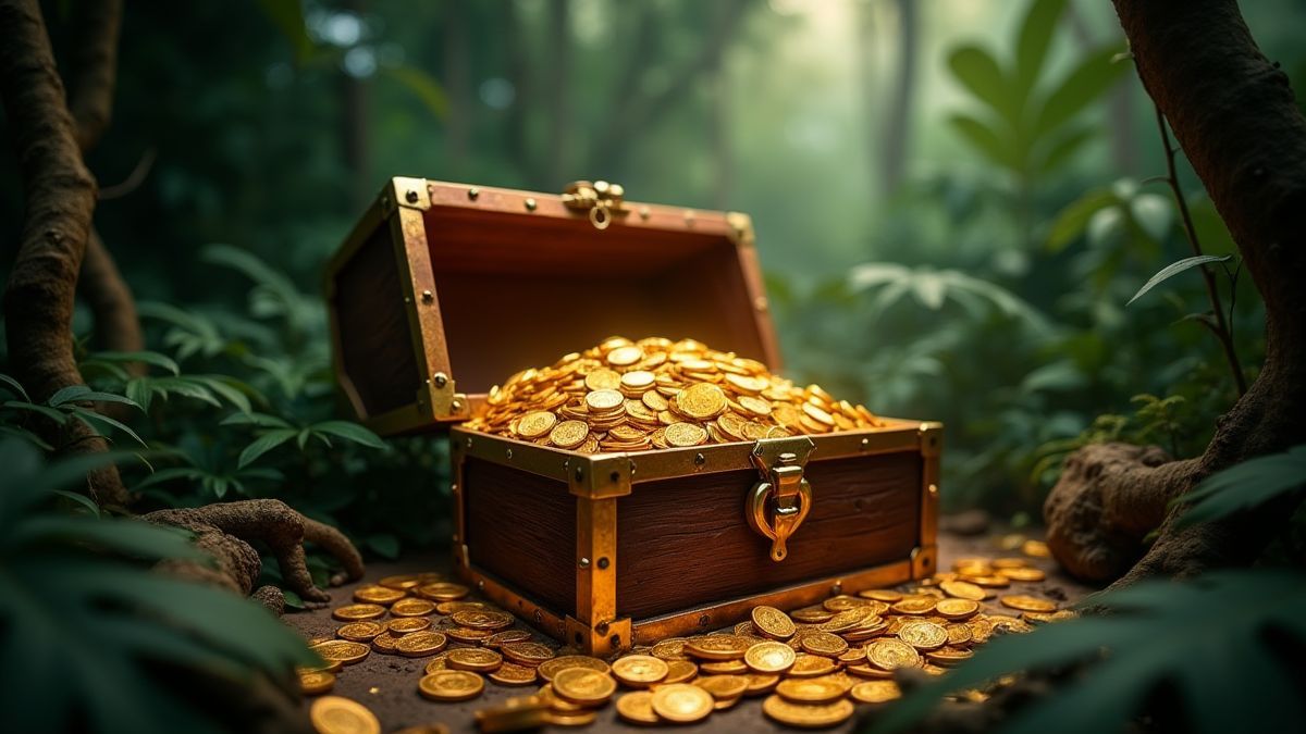 A treasure chest filled with gold coins and jewels in the jungle.