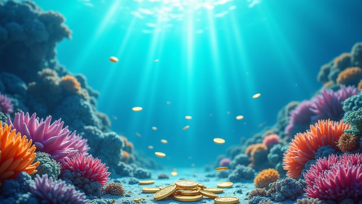 Moedas flutuando em um ambiente submarino colorido.
