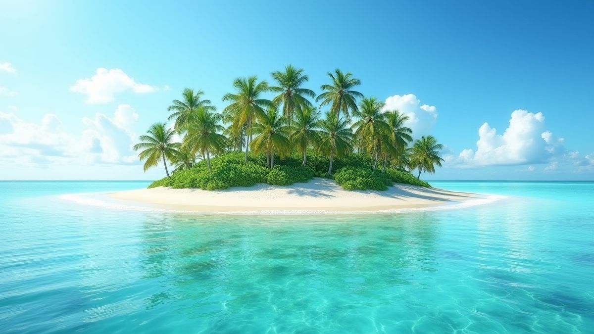 Paisaje de isla tropical con aguas cristalinas.