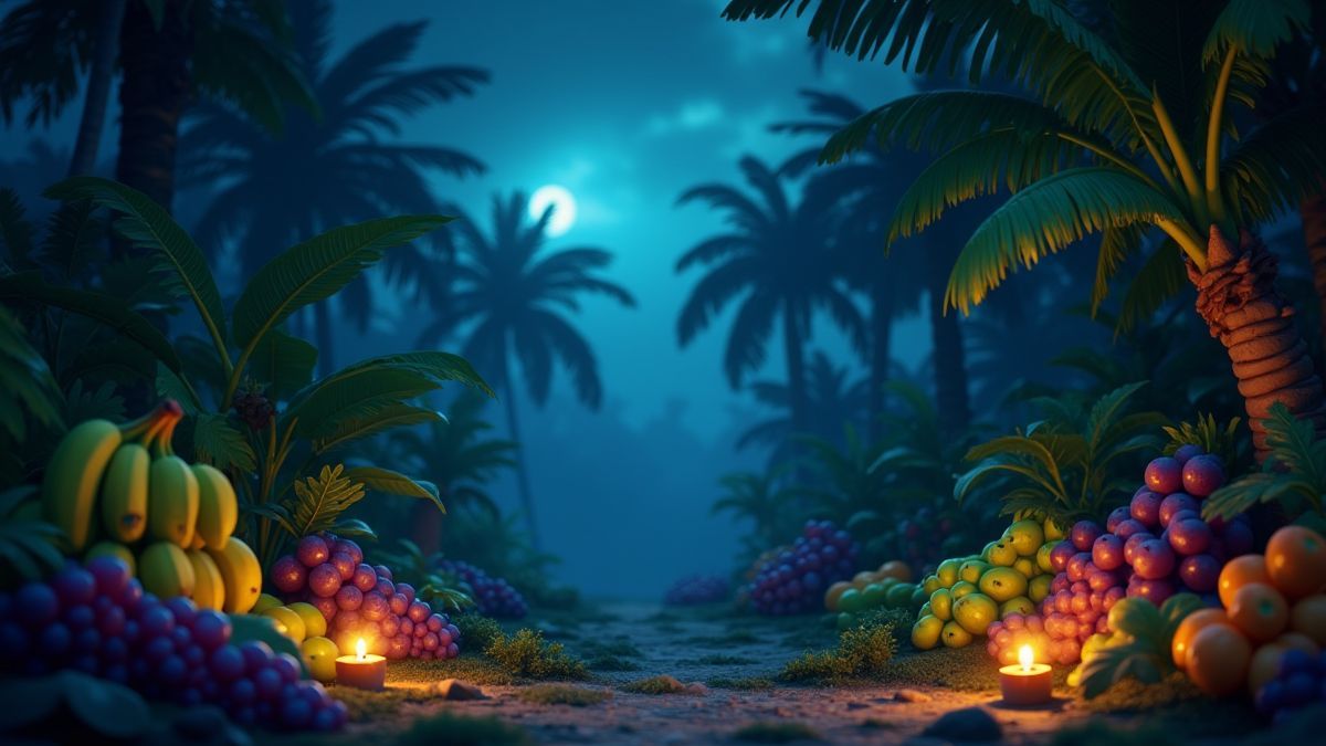 Frutas tropicales brillando en un bosque bajo la luz de la luna.