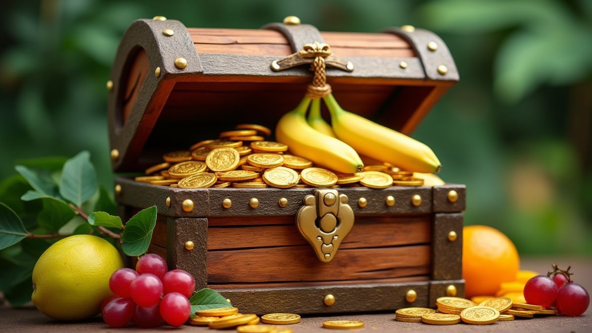 Cofre del tesoro tropical lleno de monedas y frutas vibrantes.