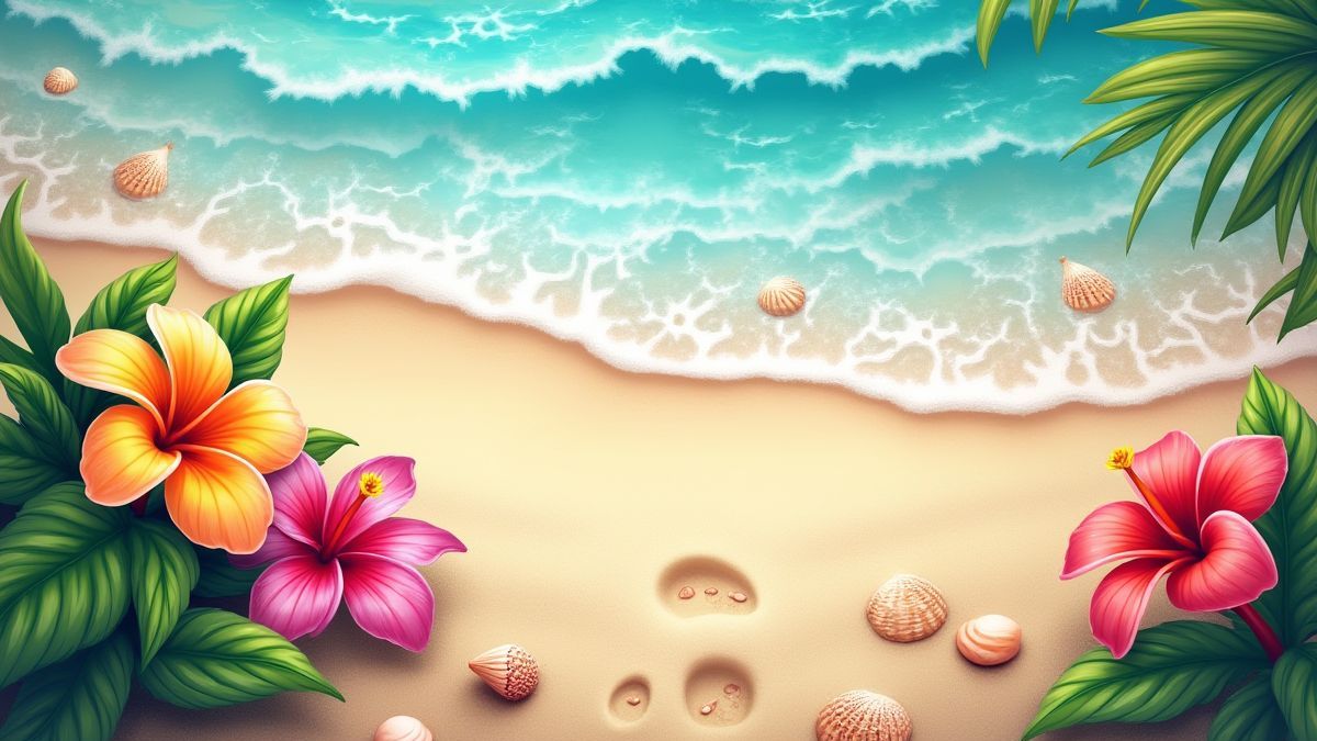 Playa tropical con flores coloridas y huellas en la arena.