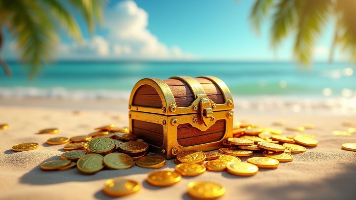 Cofre lleno de oro en una playa tropical.