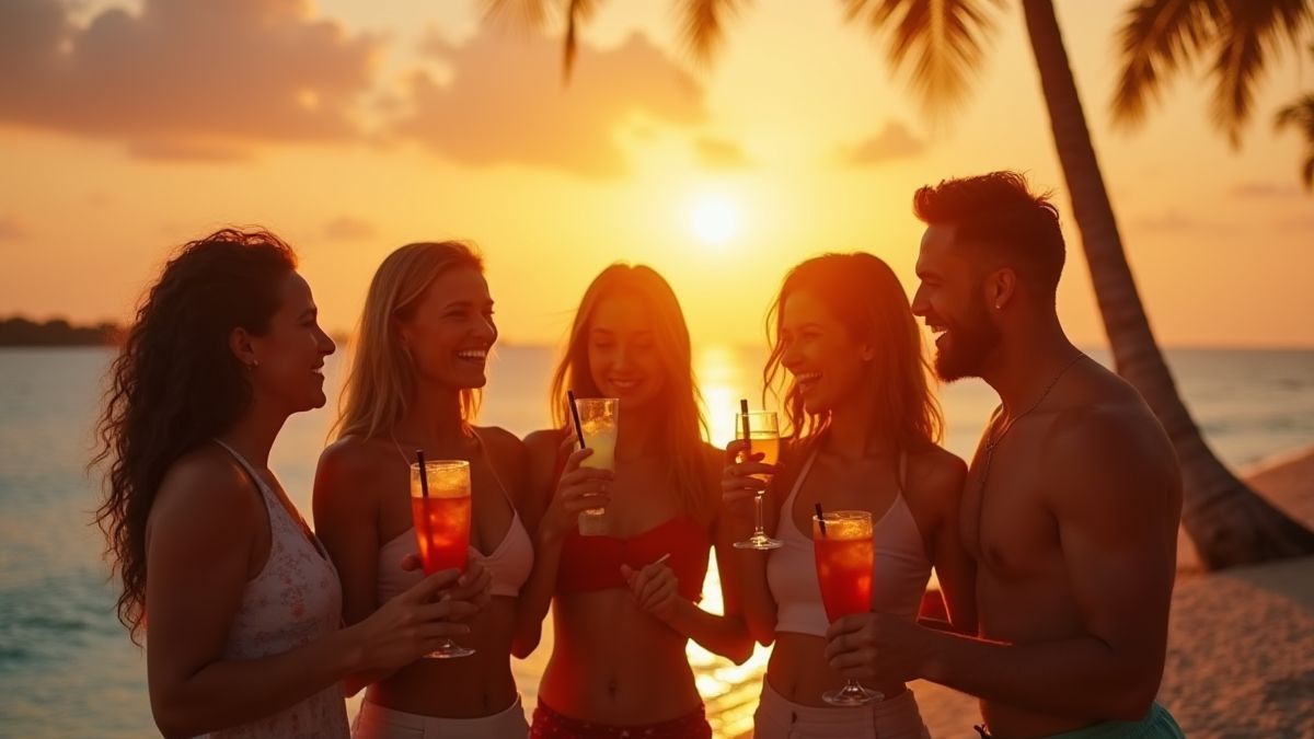 Grupo de amigos disfrutando de cócteles en una isla tropical.