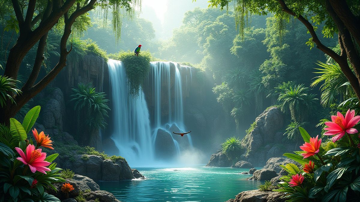 Uma jungla exótica com cascadas e flores coloridas.